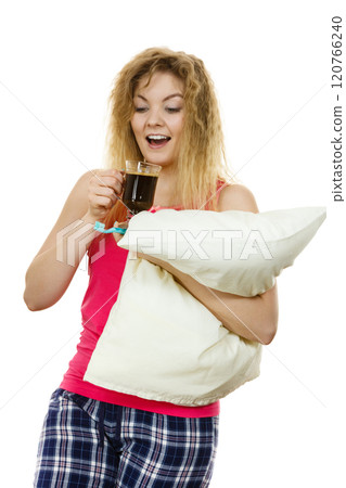 Happy woman holding toothbrush and coffee 120766240