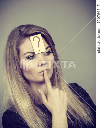 Closeup of woman thinking face expression Closeup of woman thinking face expression 120766345