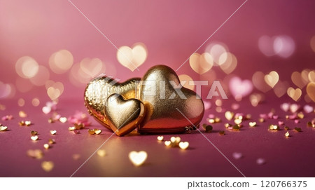 Glittery heart ornament hanging by a ribbon, surrounded by soft bokeh hearts on a pink background. Concept of love and romance. Valentines day background 120766375