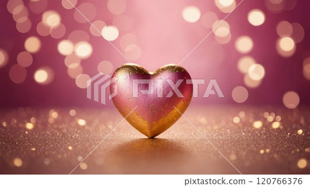 Glittery heart ornament hanging by a ribbon, surrounded by soft bokeh hearts on a pink background. Concept of love and romance. Valentines day background 120766376