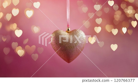 Glittery heart ornament hanging by a ribbon, surrounded by soft bokeh hearts on a pink background. Concept of love and romance. Valentines day background 120766377