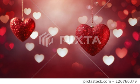 Glittery heart ornament hanging by a ribbon, surrounded by soft bokeh hearts on a pink background. Concept of love and romance. Valentines day background 120766379