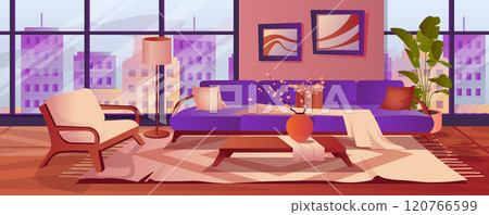 Living room background for banner design. Room interior in modern japanese style with sofa, armchair, table, cherry blossom in vase, lamp, big windows with cityscape view. Vector cartoon illustration 120766599