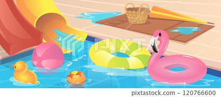 Aqua park swimming pool background for banner design. Summer vacation scene at pool with float rubber toys, inflatable flamingo and duck, tunnel and tube water slides. Vector cartoon illustration 120766600