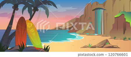 Tropical sea beach background for banner design. Summer vacation scene at ocean, seascape lagoon with rocks and waterfall, tropical palms and other plants, surfing boards. Vector cartoon illustration 120766601
