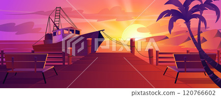 Summer tropical sunset at pier background for banner design. Vibrant evening sun under ocean or sea, moored yacht at water, benches at wooden boardwalk, palm tree at beach. Vector cartoon illustration 120766602