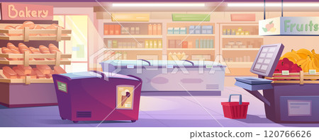 Supermarket interior background for banner design. Grocery departments with bakery, fruits with scales, shelves with milk packs, refrigerators with ice cream, fish, meat. Vector cartoon illustration 120766626