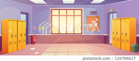 School corridor background for banner design. Empty hallway room interior with closed lockers rows, doors, big window, fire extinguisher, board with notices, clock at wall. Vector cartoon illustration School corridor background for banner design. Empty hallway room interior with closed lockers rows, doors, big window, fire extinguisher, board with notices, clock at wall. Vector cartoon illustration 120766627