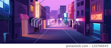 Night city street background for banner design. Empty alleyway with shops or hostel exterior with doors, neon glow signboards, skyscrapers view in purple and violet colors. Vector cartoon illustration 120766645