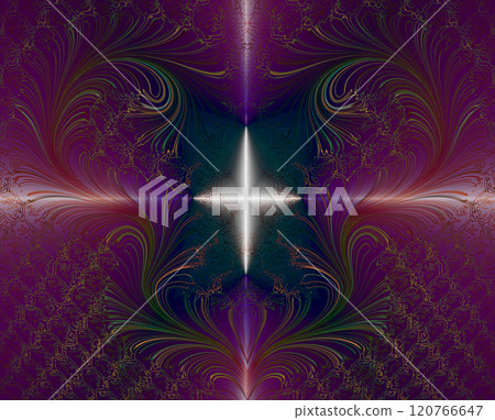 A delicate multi-colored pattern with a white star glowing inside. Four-pointed star emitting light rays on a lilac background. Abstract image. A delicate multi-colored pattern with a white star glowing inside. Four-pointed star emitting light rays on a lilac background. Abstract image. 120766647