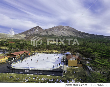 Aerial view of the outdoor ice skating rink at Kirishima Ebino Highlands Aerial view of the outdoor ice skating rink at Kirishima Ebino Highlands 120766692