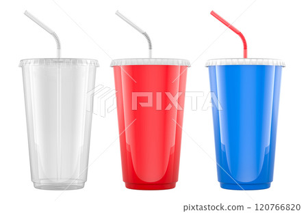 Disposable Cups for Cold Drinks. Clear, red and blue. Plastic Cups with Lids and Straw. 3D rendering 120766820