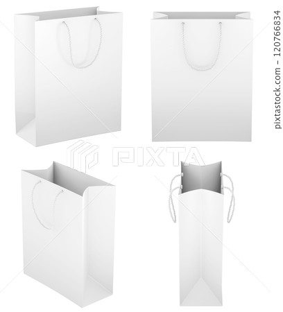 White shopping bags, different views. Template, mockup. 3D rendering 120766834