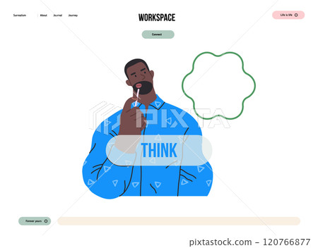 Thinking people, modern flat vector concept illustration- man standing thoughtfully, looking upwards, bubble near his head Metaphor for reflection, analysis, introspection, contemplation, deep thought Thinking people, modern flat vector concept illustration- man standing thoughtfully, looking upwards, bubble near his head Metaphor for reflection, analysis, introspection, contemplation, deep thought 120766877