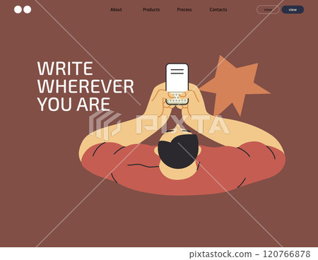 Writing people, modern flat vector concept illustration- sitting man thoughtfully writing on laptop, bubble near head, top view. Metaphor for reflection, insight, contemplation, creative expression Writing people, modern flat vector concept illustration- sitting man thoughtfully writing on laptop, bubble near head, top view. Metaphor for reflection, insight, contemplation, creative expression 120766878