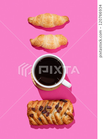 Flat lay of espresso coffee cup, fresh croissants and maple pecan bun on pink background with shadow Flat lay of espresso coffee cup, fresh croissants and maple pecan bun on pink background with shadow 120766934