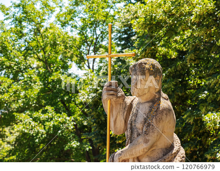 Castle, Nitra, Slovakia - 06.12.2022: Sculpture of a holy man in the castle in Nitra, Slovakia. Castle, Nitra, Slovakia - 06.12.2022: Sculpture of a holy man in the castle in Nitra, Slovakia. 120766979