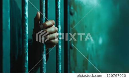 Dramatic prison scene depicting hands gripping weathered iron bars 120767020