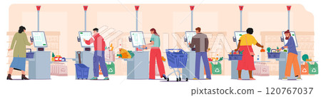 People customers using self-checkout service buying groceries food at supermarket cartoon scene 120767037