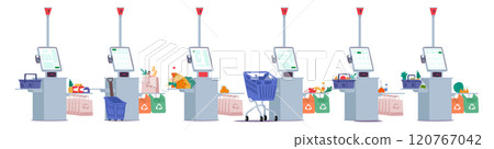 Self-service and contactless payment checkout terminal with digital touch screen in supermarket 120767042