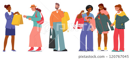 Diverse people characters standing in queue paying for clothing communicating with shop assistant 120767045