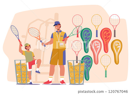 Dad and son cartoon characters choosing new racket for tennis game at sports goods store scene 120767046