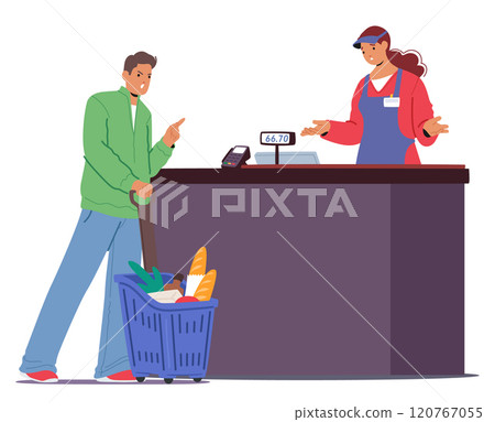 Man customer quarreling with cashier at supermarket due to broken connection with pos terminal Man customer quarreling with cashier at supermarket due to broken connection with pos terminal 120767055