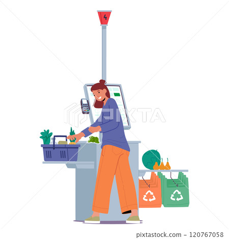 Young woman customer cartoon character buying fresh food at automated checkout in supermarket 120767058