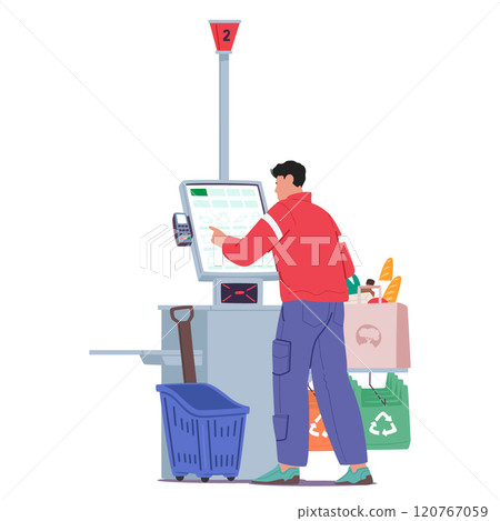 Young man customer cartoon character making purchases with automatic retail self-checkout service 120767059