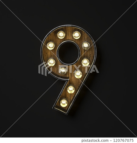 Light bulb glowing Number 9 NINE 3D 120767075