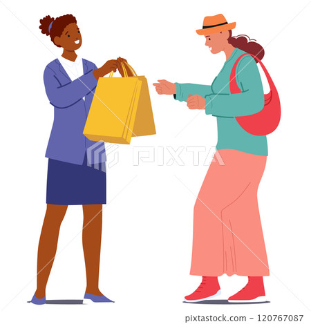 Female shop assistant giving paper shopping bag with purchases to woman customer isolated on white Female shop assistant giving paper shopping bag with purchases to woman customer isolated on white 120767087