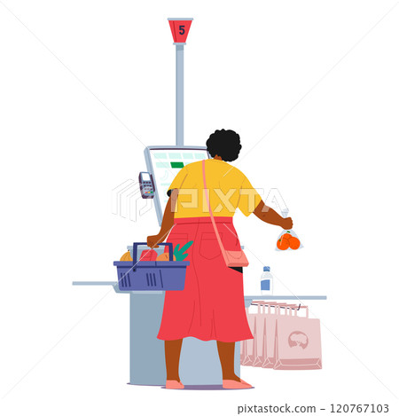 Adult woman housewife customer cartoon character doing shopping at supermarket self-service kiosk Adult woman housewife customer cartoon character doing shopping at supermarket self-service kiosk 120767103
