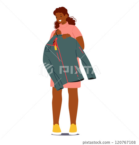 Young woman customer character holding new sports jacket on hangers ready to pay for purchases 120767108