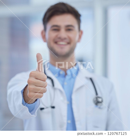 Portrait, doctor and thumbs up in hospital for success, welcome and thank you. Trust, support or medical worker with hand sign or gesture for approval, agreement or yes for healthcare in clinic alone Portrait, doctor and thumbs up in hospital for success, welcome and thank you. Trust, support or medical worker with hand sign or gesture for approval, agreement or yes for healthcare in clinic alone 120767125