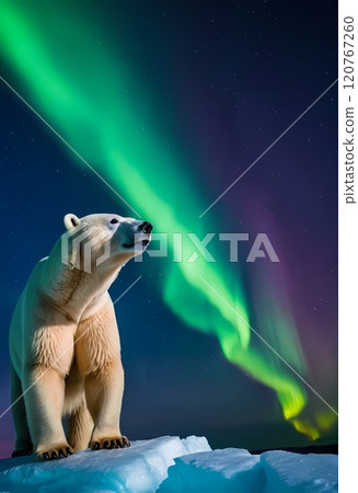 Polar bear stands majestically on ice under the northern lights at night in the Arctic landscape 120767260