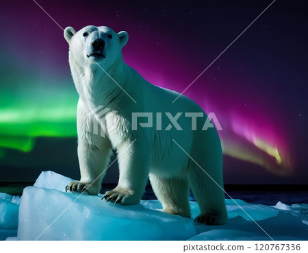 Polar bear stands majestically on ice under the northern lights at night in the Arctic landscape Polar bear stands majestically on ice under the northern lights at night in the Arctic landscape 120767336