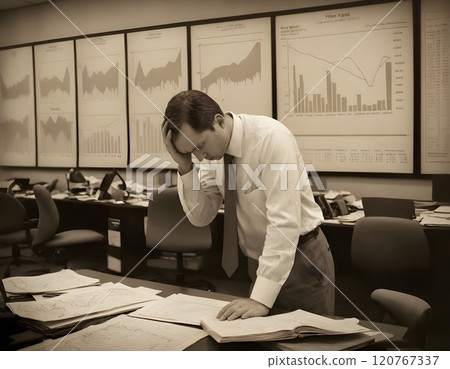 Trader stressed while analyzing market data on multiple screens in a trading room Trader stressed while analyzing market data on multiple screens in a trading room 120767337