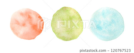 Light delicate set of artistic textured bright coral red, turquoise blue and olive green watercolor painting round shapes. Hand painted watercolour circle stains for banner design, greeting cards 120767523