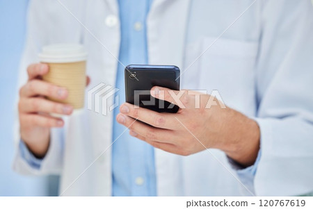 Doctor, coffee break and cup, smartphone technology and mobile app, reading notification and connection in hospital. Healthcare worker hands, drinking coffee and using phone, telehealth and contact Doctor, coffee break and cup, smartphone technology and mobile app, reading notification and connection in hospital. Healthcare worker hands, drinking coffee and using phone, telehealth and contact 120767619