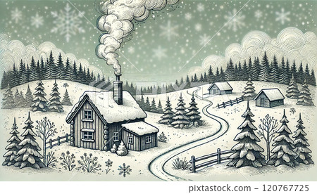 Quiet snowy village in winter | Beautiful landscape with houses and trees covered in snow 120767725