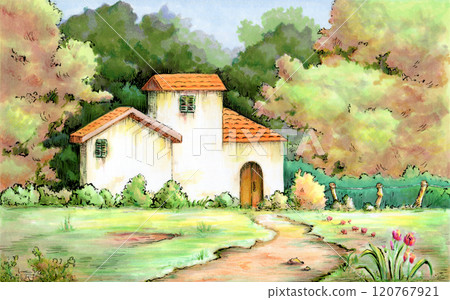Rural landscape with house 120767921