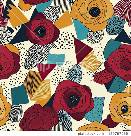 Vibrant Abstract Floral seamless Tile Pattern Bold Roses Daisies with Geometric Elements in Deep Red Mustard Yellow Teal 120767986