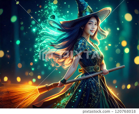 拿著掃帚的年輕女巫形象 120768018