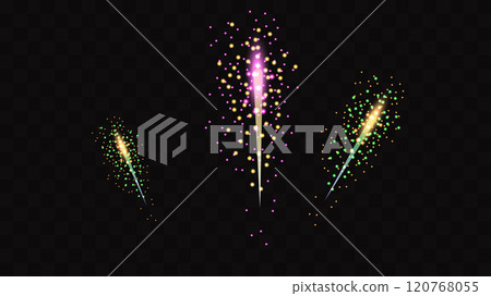 Firework festive color Shining on a transparent background. Holiday Wedding Festival Design for Birthday Card Poster advertising. Vector 120768055