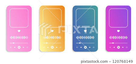 Set of colorful audioplayer interface templates with album cover frame, buttons, progress loading bar and equalizer wave. MP3 player menu widgets isolated on white background. Vector illustration Set of colorful audioplayer interface templates with album cover frame, buttons, progress loading bar and equalizer wave. MP3 player menu widgets isolated on white background. Vector illustration 120768149