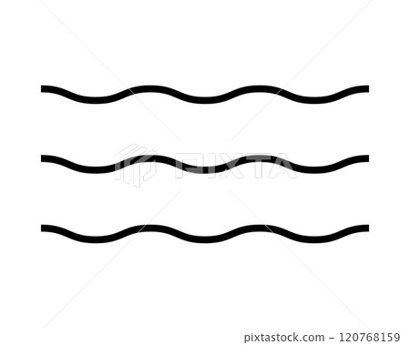 Waves icon. Undulate parallel horizontal black lines isolated on white background. Water symbol. Ocean, sea, river or lake sign. Air, wind, flow or stream pictogram. Vector outline illustration 120768159