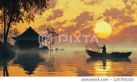 夕陽下漂浮的小船 120768183