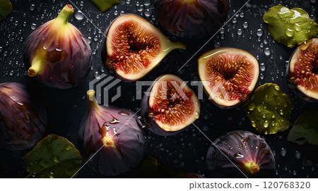 Fresh ripe figs with water drops background. Fruits backdrop. Generative AI 120768320