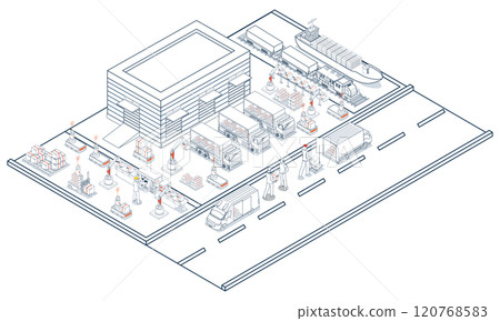 Smart logistics solutions integrate delivery robots, warehouse management, and transportation to optimize the entire supply chain process. Vector illustration eps10 120768583
