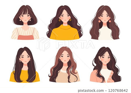 Set of facial expressions of a young woman with long hair 120768642